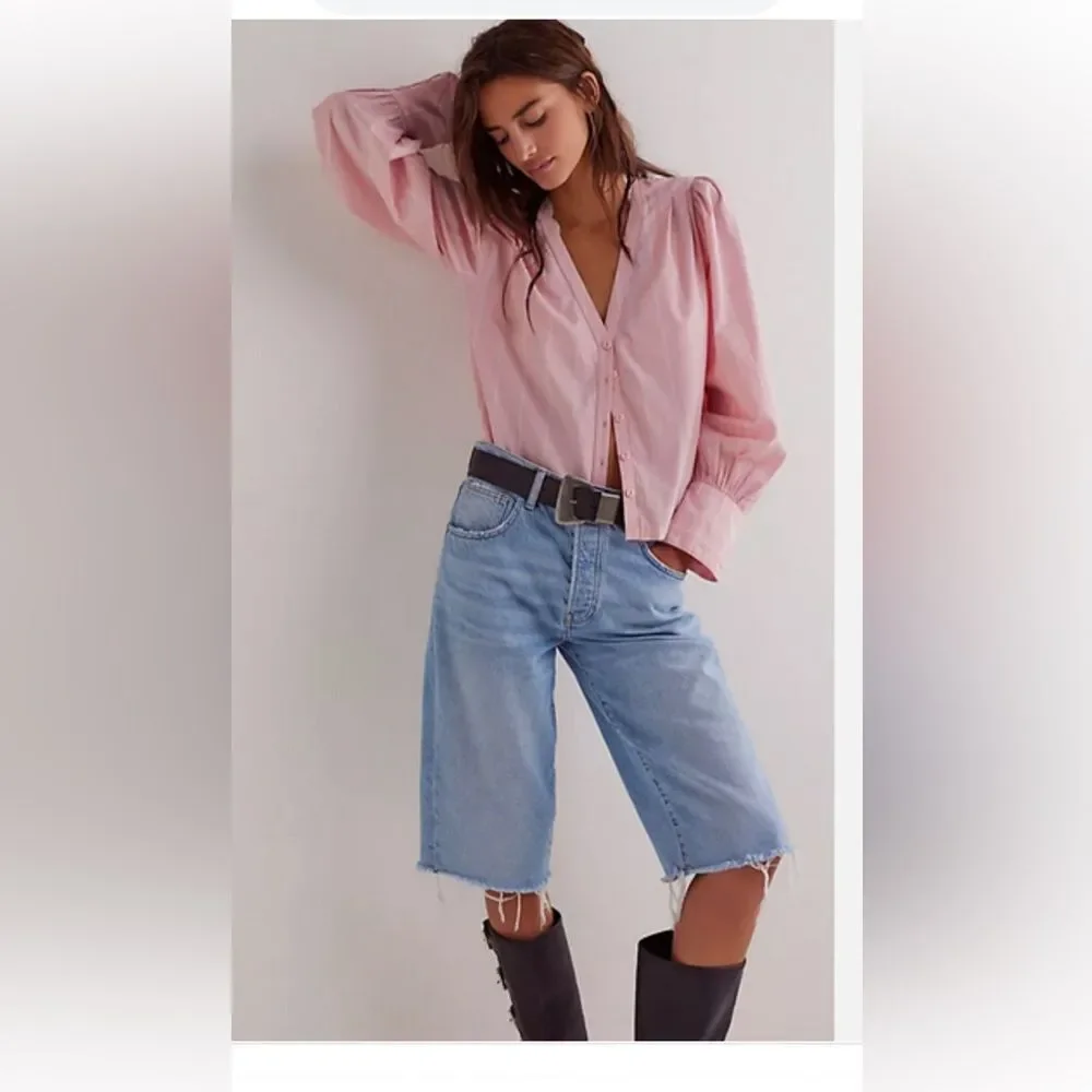 Free People We The Free Farmhouse Fresh Top Striped Printed Pink Combo Blouse